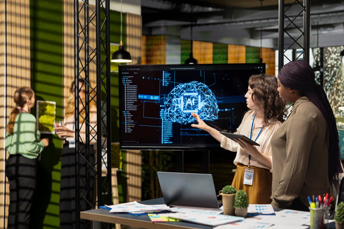 Powerful diverse team leveraging deep learning with big data algorithms, optimizing company performance with AI software and neural networks systems