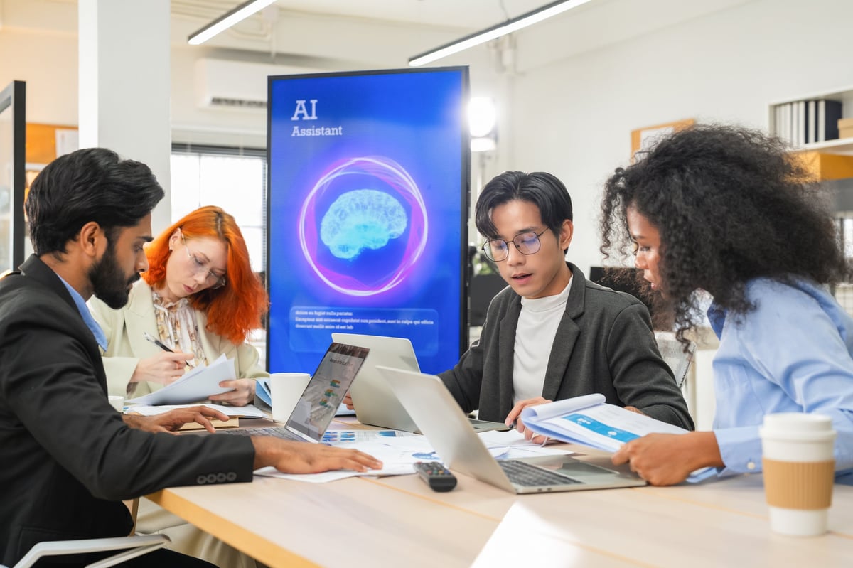 Business professional concentrates in coworking space leveraging AI powered virtual assistant and realtime big data analytics